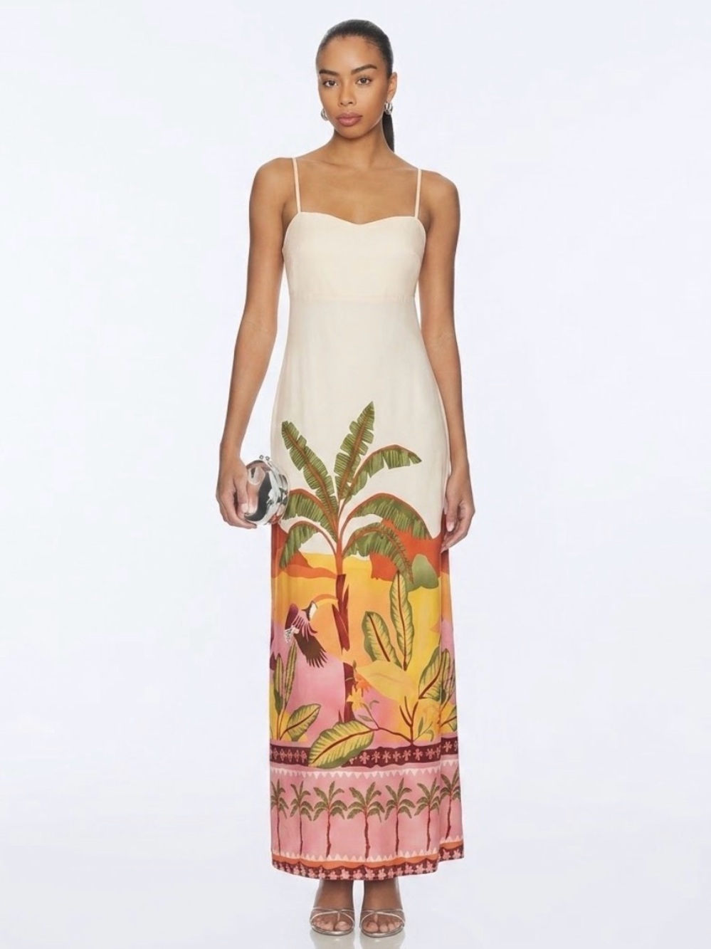 REVOLVE Cream Maxi Dress with Tropical Print Hem NWT